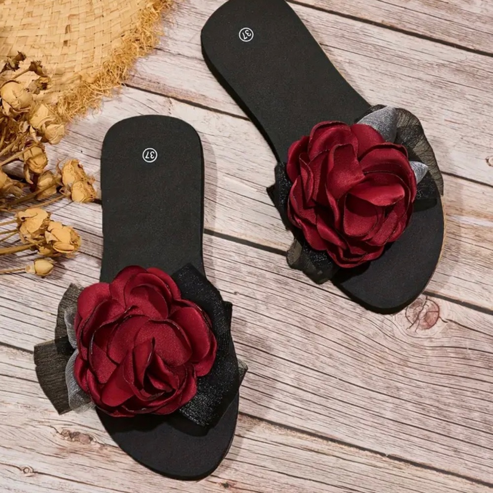 Flower Decor Flatform Slides, Open Toe Single Band Shoes, Casual Slide Sandals - Picture 4 of 4